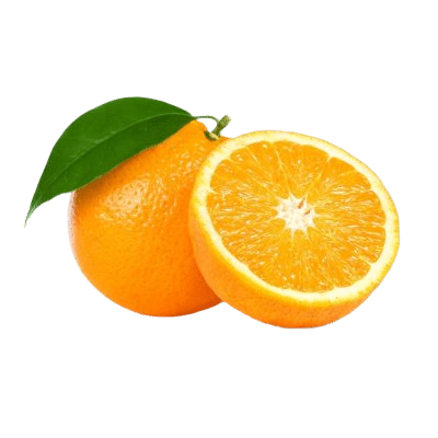 Whole Orange Fruit Alongside Leaves & A Half Orange Fruit With Flesh Exposed On White Background