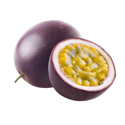 One Whole Purple Passionfruit Alongside A Half Passionfruit With Fresh, Yellow Seedy Centre Exposed