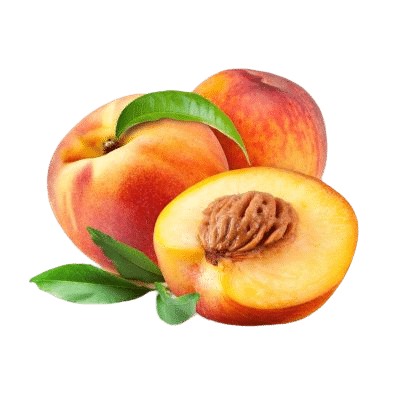 Two Whole Fresh Juicy Peaches Alongside A Half Fleshy Peach With Kernel Exposed