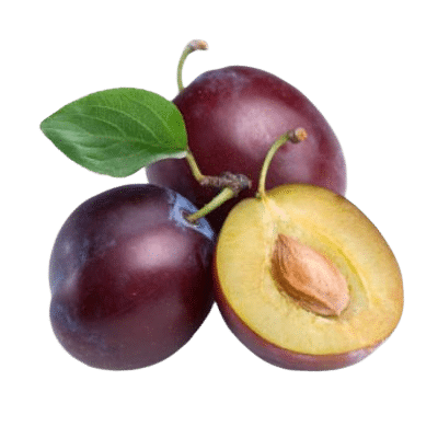 Natural Dark Plums With One Cut Fleshy Plum & Kernel Showing On White Background