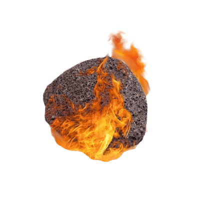 Natural Dark & Grainy Volcanic Pumice Stone Surrounded by Flames On White Background