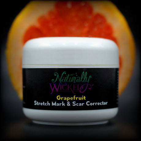 Naturally Wicked Grapefruit Stretch Mark & Scar Corrector Cream In Front Of Red Slice Of Grapefruit  - Step 3