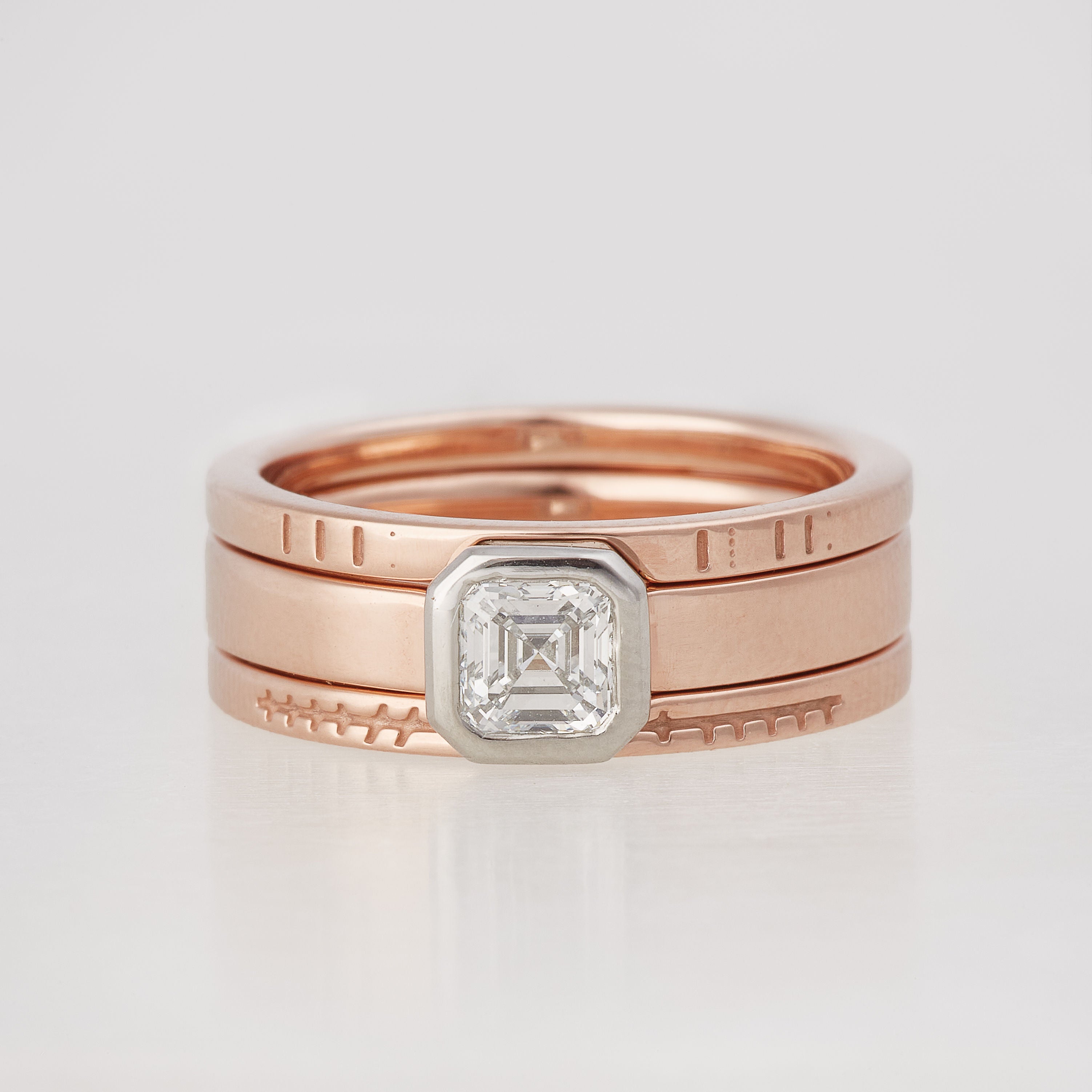 Asscher cut diamond engagement ring in 14K Rose Gold with coordinating wedding band