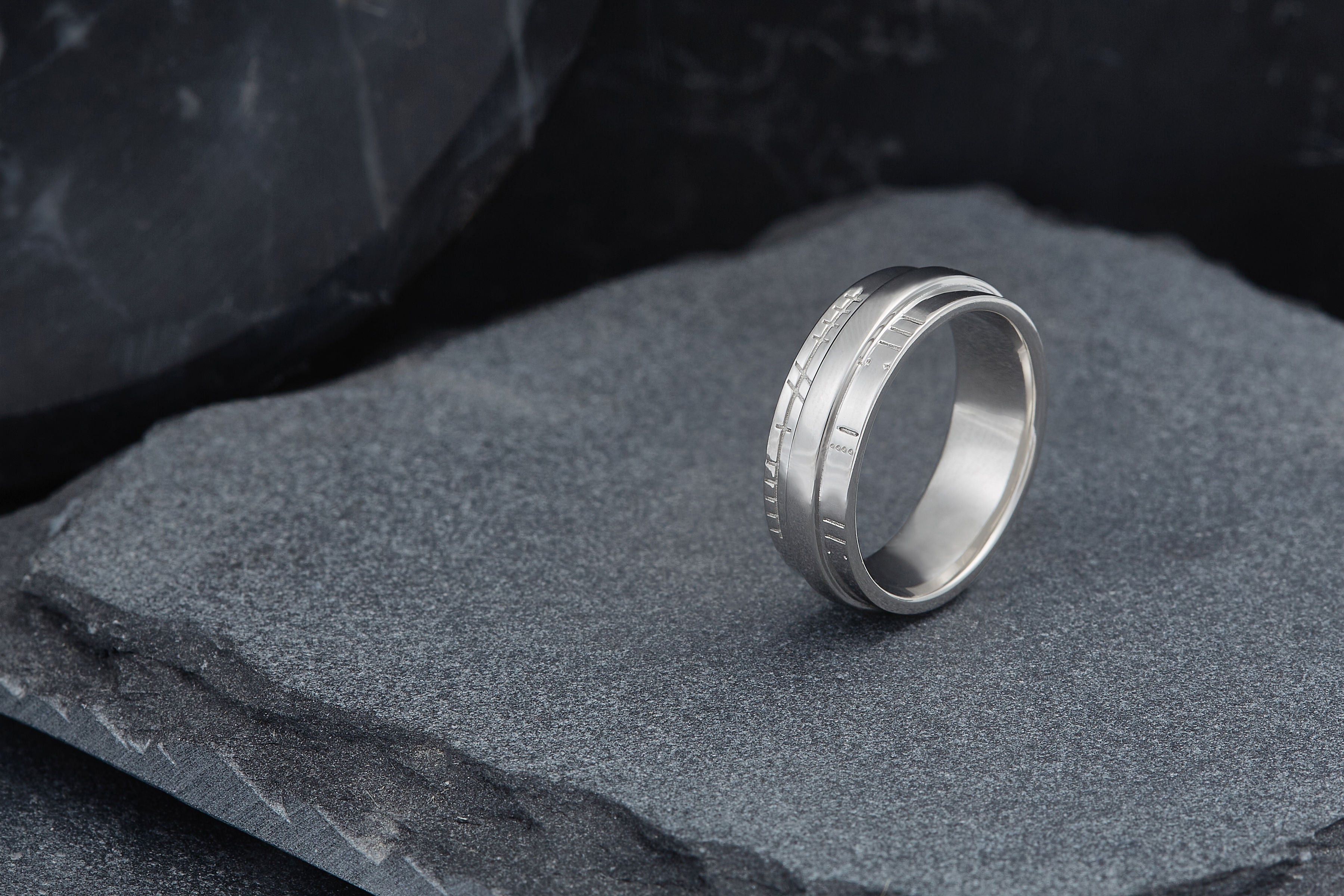 Men's wedding band with Mayan symbols and Ogham engraving