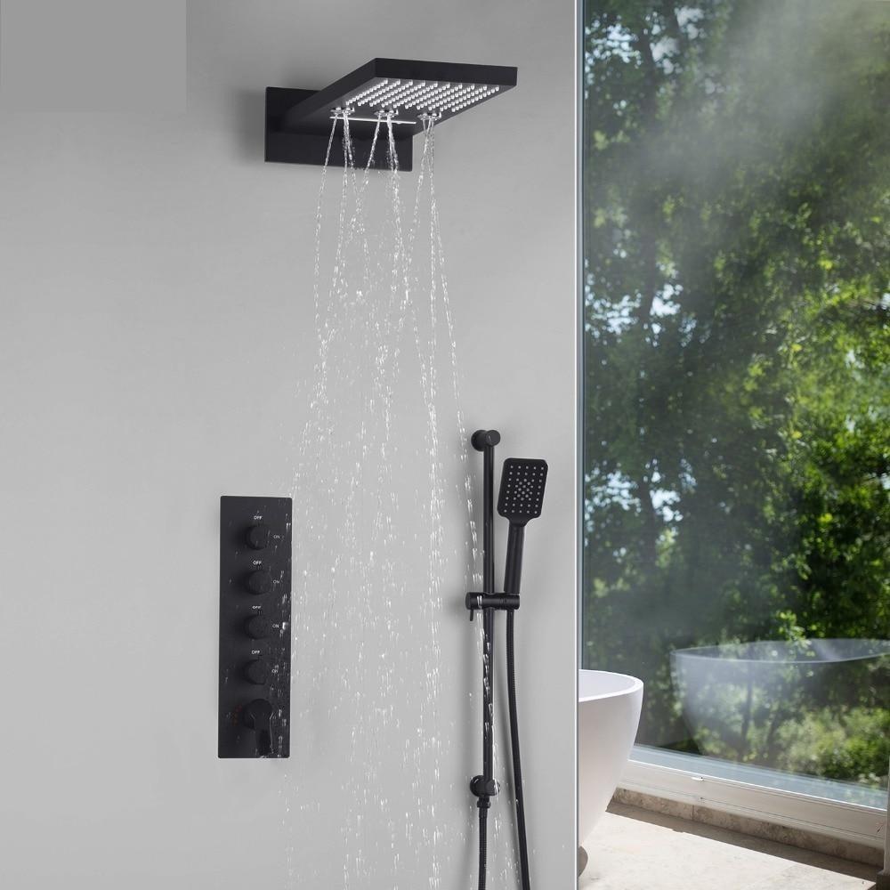 Matte Black Shower System with Waterfall, Rain, Rotating ...