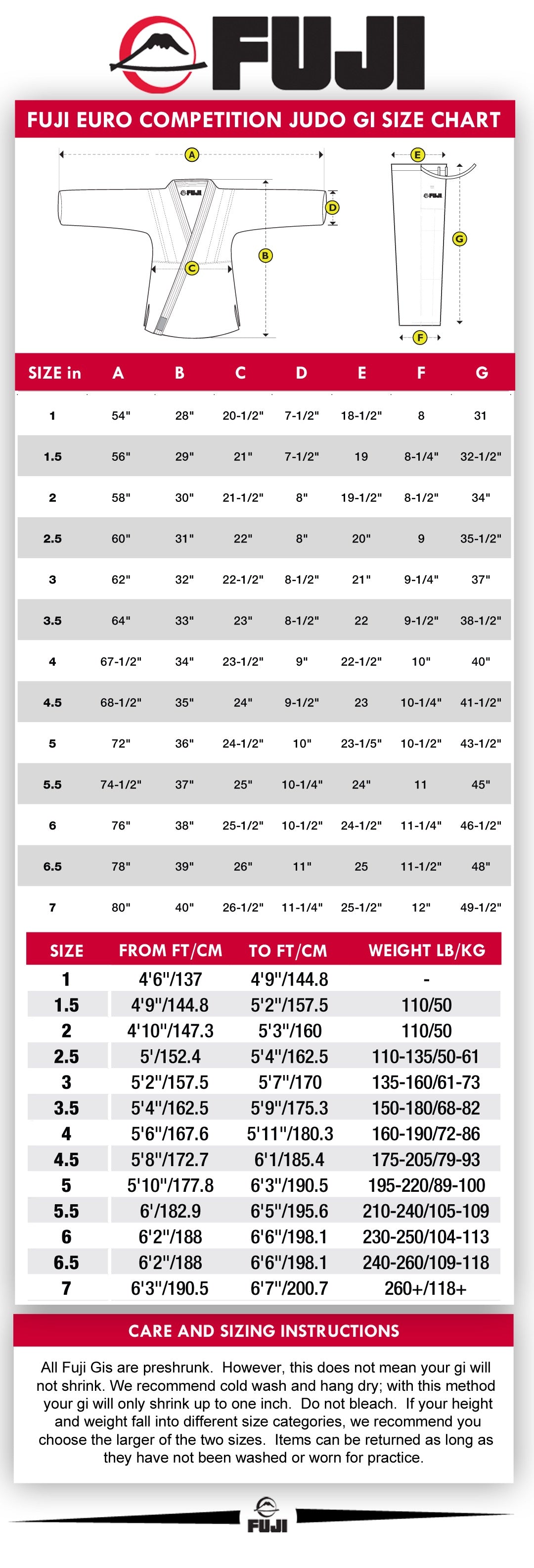 mizuno judo gi size chart