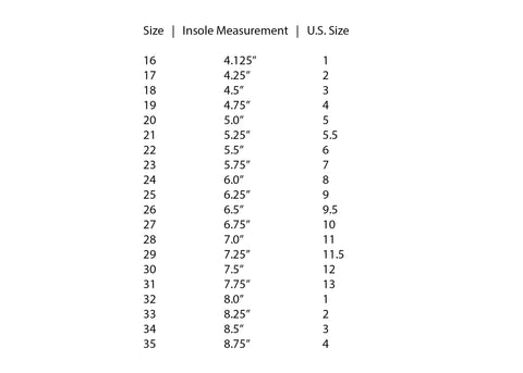 Soles Up Front Size Chart