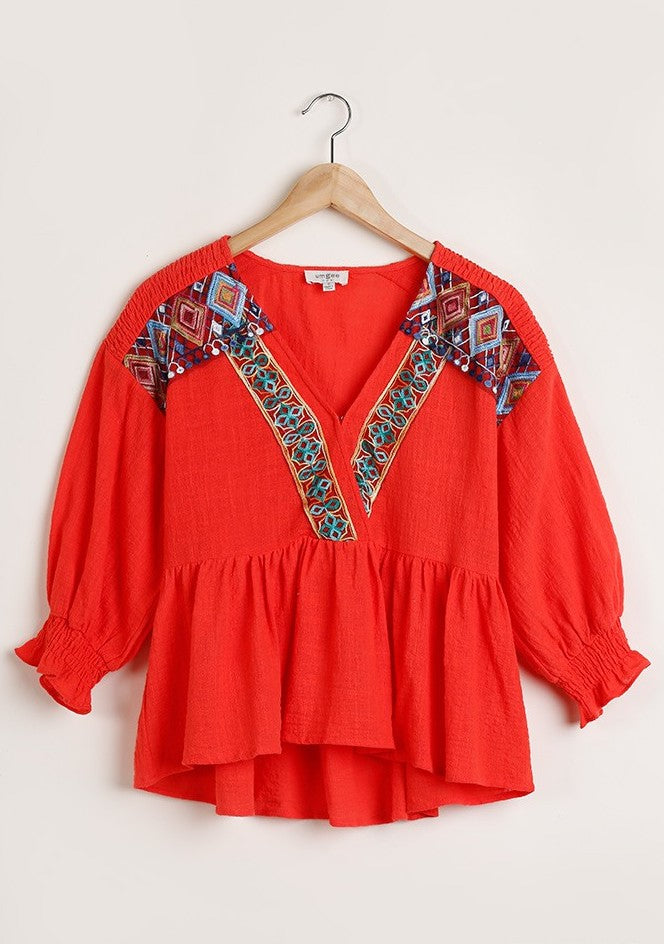 'Mia' Red Embroidered Top