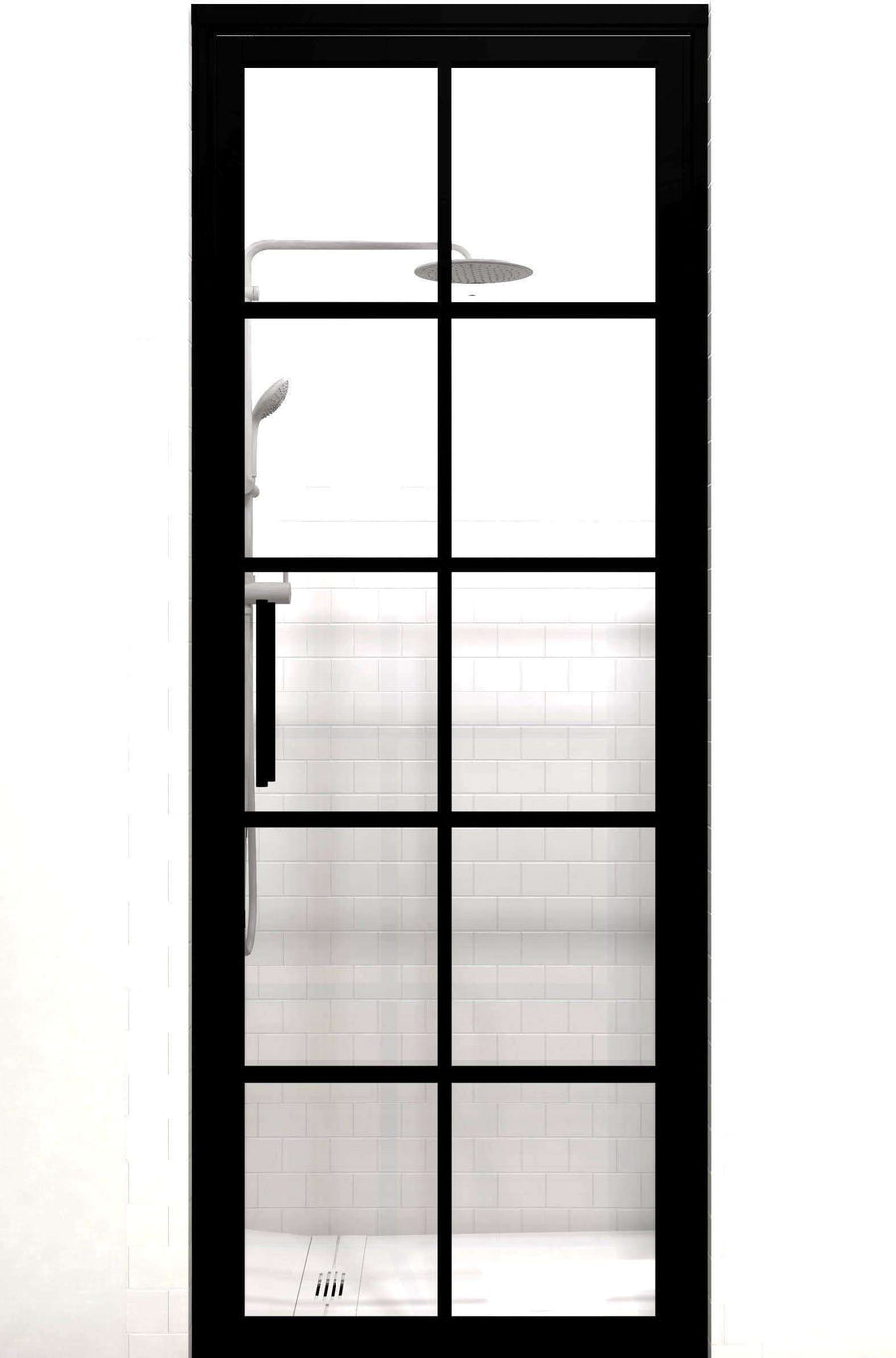 Gridscape Factory Windowpane Hinged Shower Door with Black Metal Frame ...