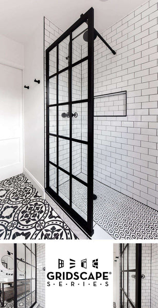 Gridscape Fixed Panel Shower Enclosure In Black With Clear Glass Divided Style