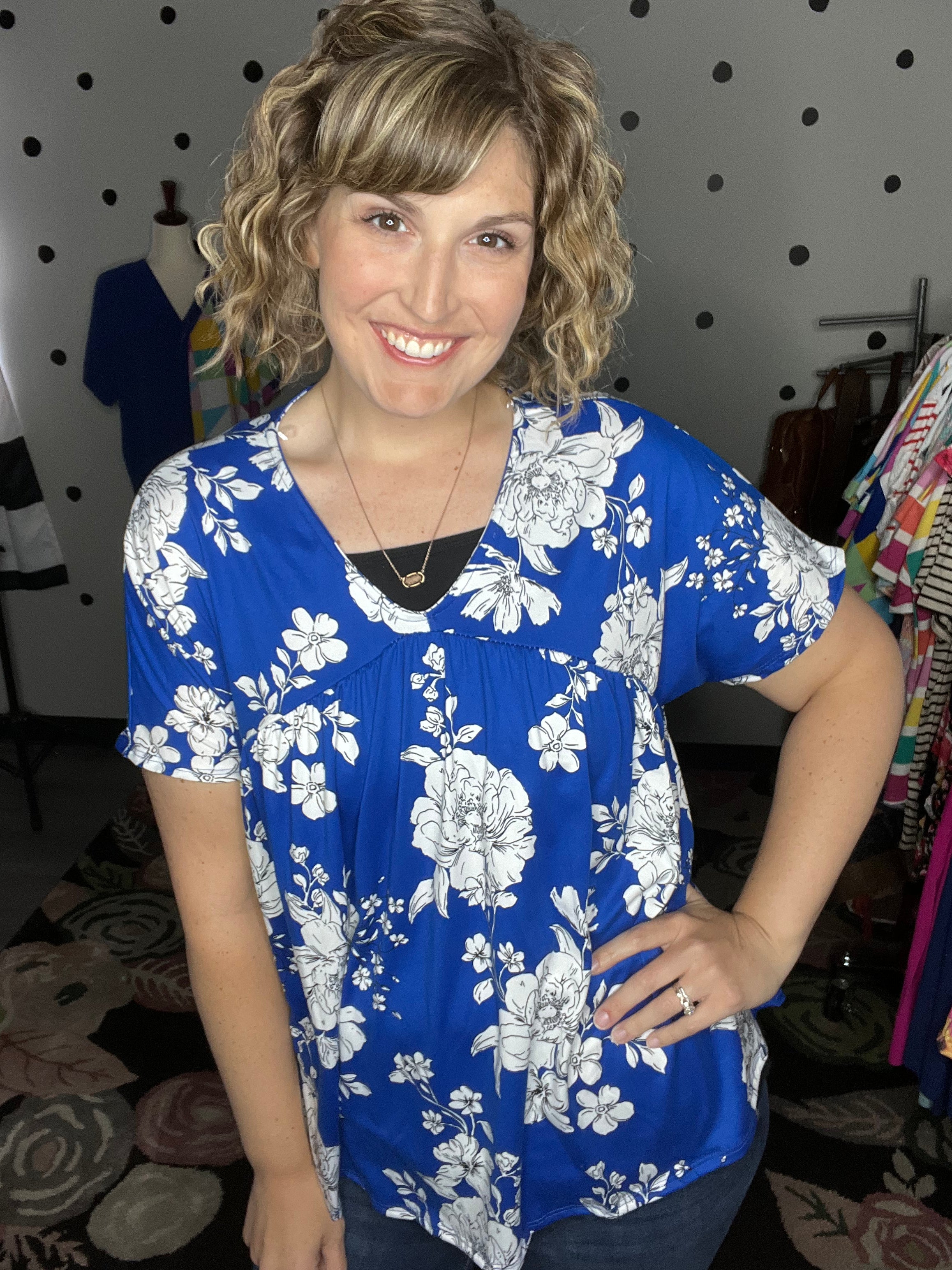 Floral V-Neck Yoke Dolman Short Sleeve