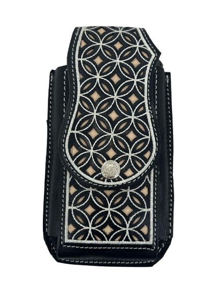 Black and White with Beige Circled Diamond Silk Thread Chiseled Leather Charro Phone Case