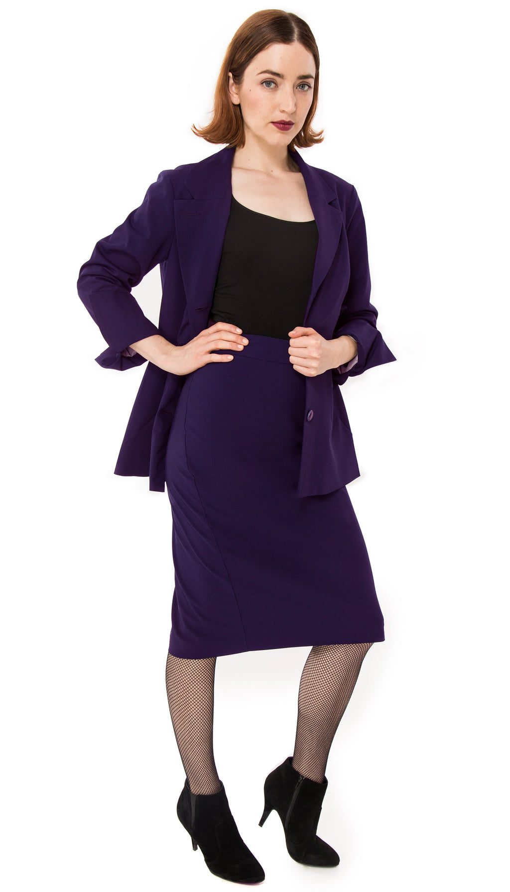 Office women suit with skirt and plum purple elastic fabric jacket - YOKKO