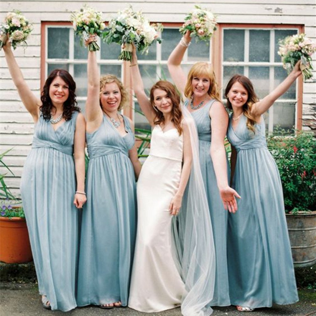 Wedding Party Long Blue V-Neck Modern Bridesmaid Dresses,Sleeveless Fa ...