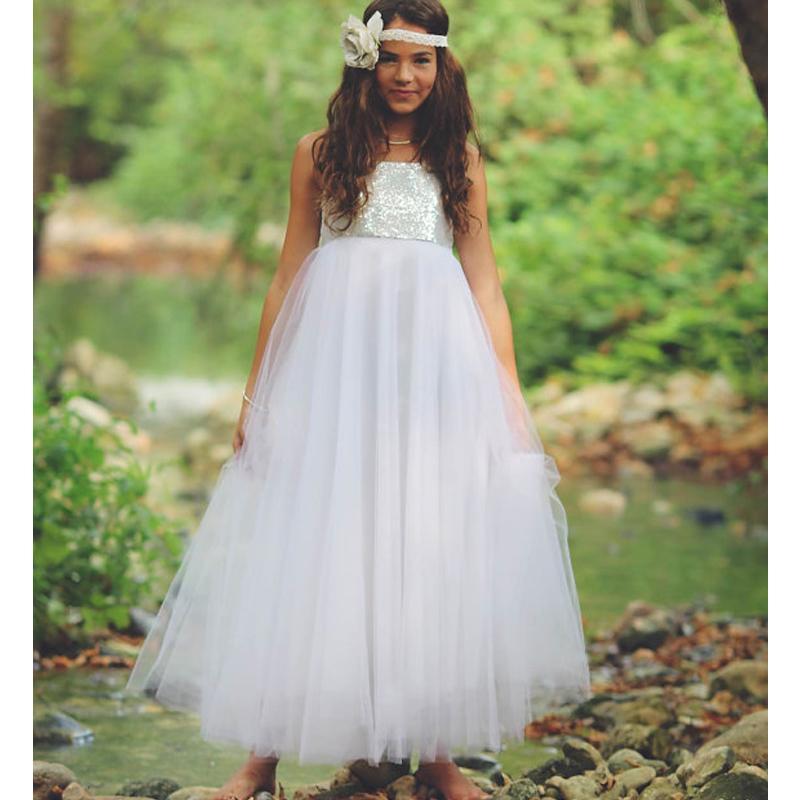 silver and white flower girl dresses