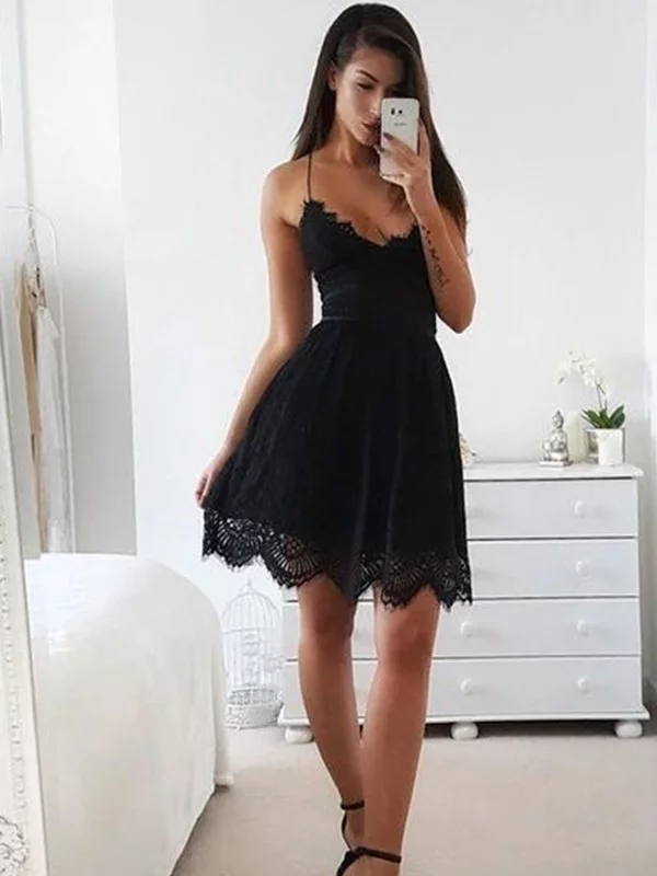 black spaghetti strap homecoming dress