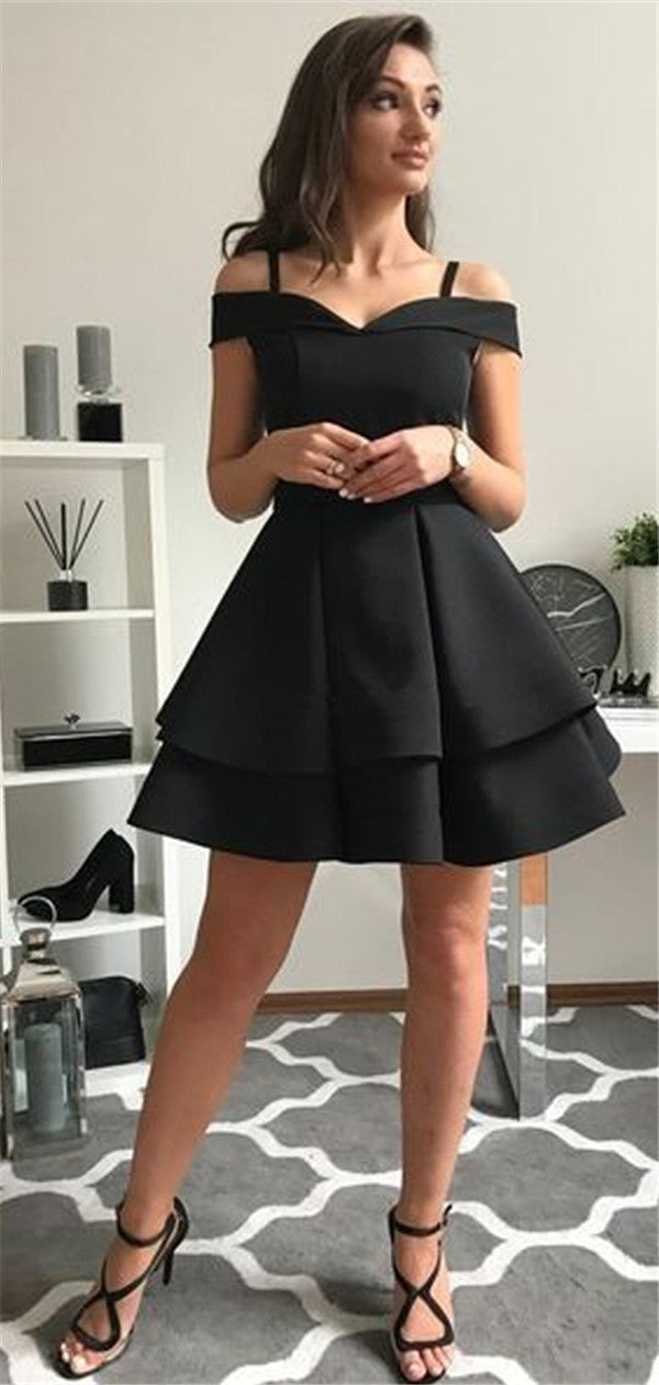 A-line Off-shoulder Straps Black Satin Short Homecoming Dresses, HD051 ...