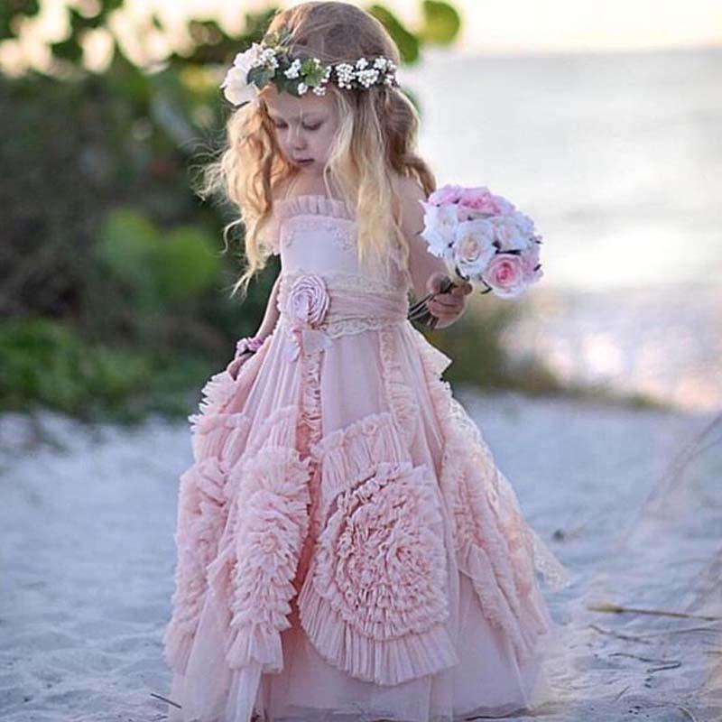 Lovely Spaghetti Soft Pink Flower Girl Dresses For Beach Wedding