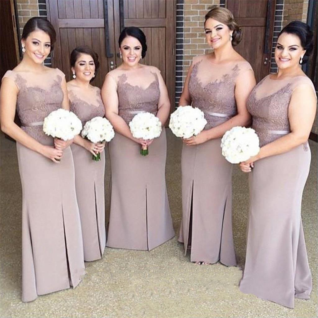 Brown Long Slit Mermaid Plus Size Lace Modest Bridesmaid Dresses , Mot ...