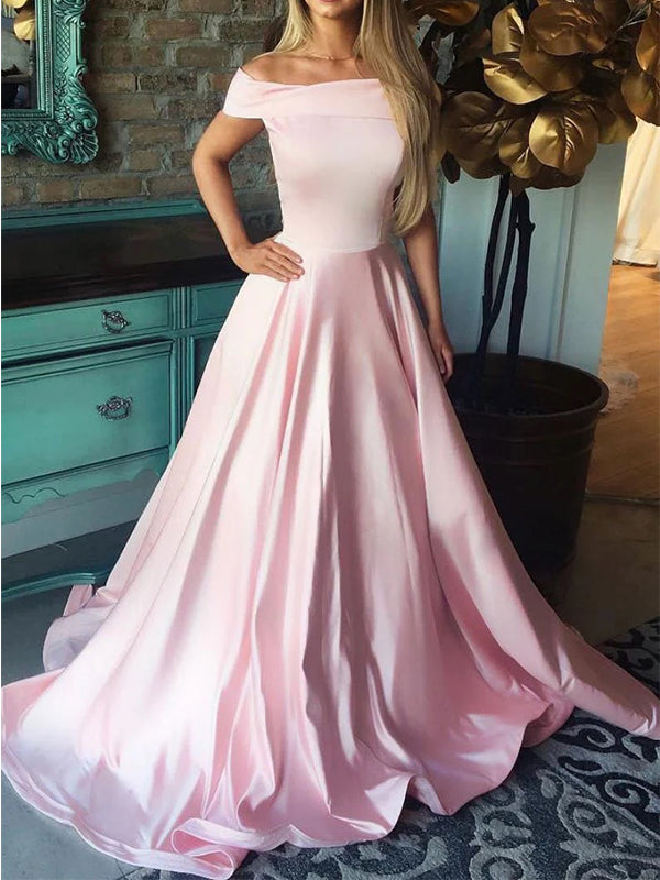Modest A-line Off Shoulder Dusty Pink Long Prom Dresses, OL250