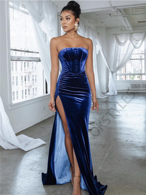 Strapless Simple Royal Blue Velvet Long Prom Dresses With Split Pd057