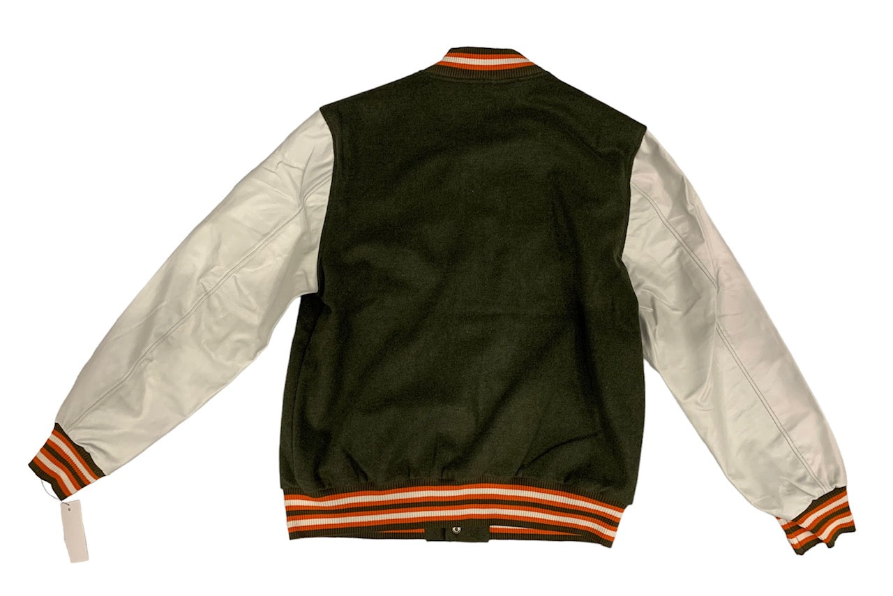 VARSITY JACKET WITH COLOR BLOCK AND LEATHER SLEEVES – The Lud