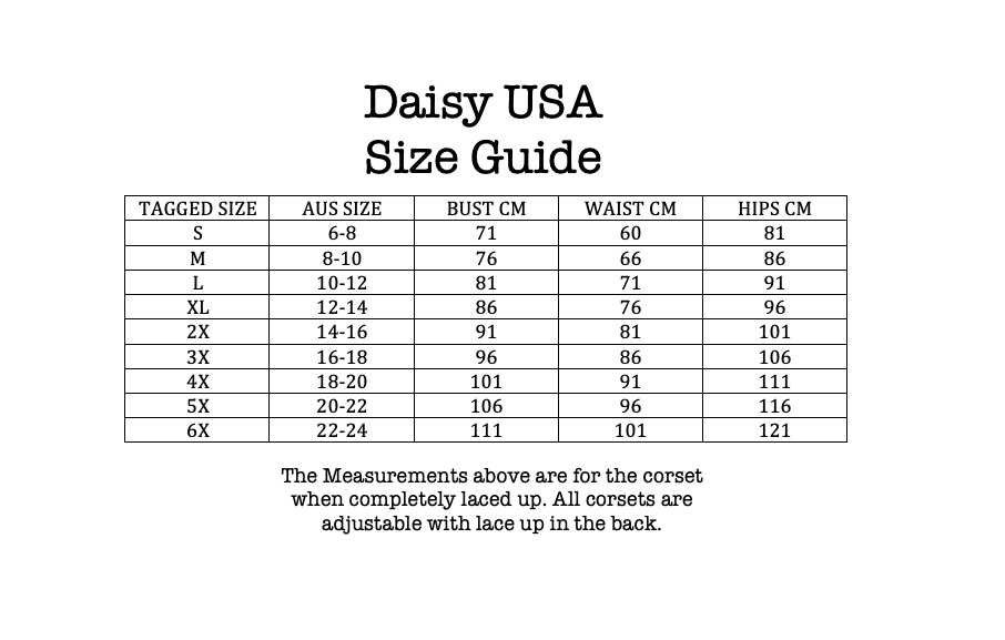 Daisy Corsets USA Size Chart Saucy HQ