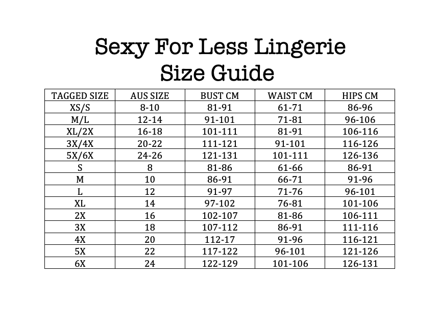 Sexy For Less Size Chart