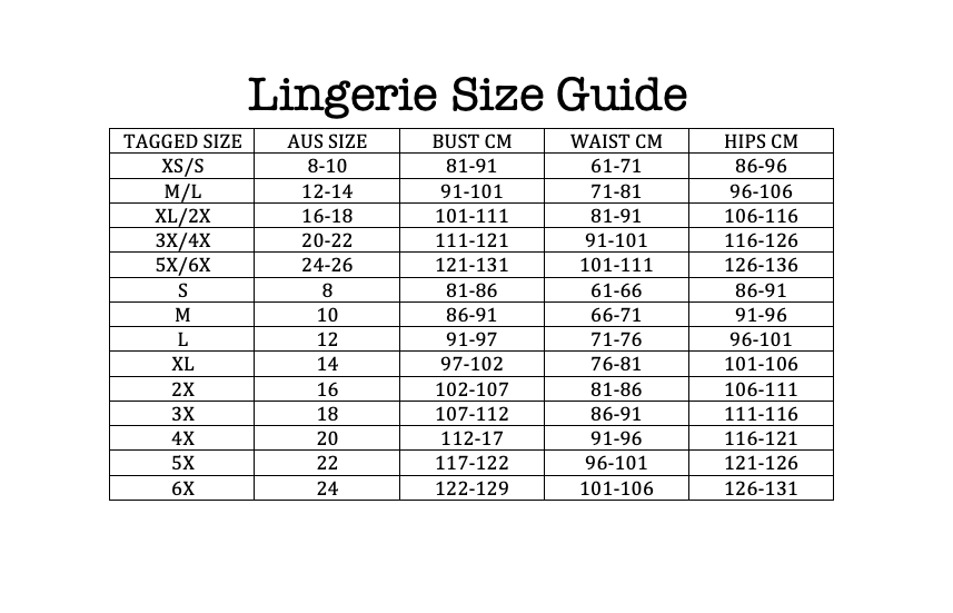 Saucy HQ Lingerie Size Chart