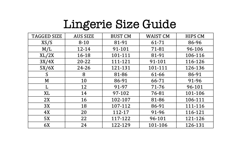 Saucy HQ Lingerie size chart