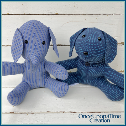 Stuffed Animal Elephant and Dog made from sentimental clothing by Once Upon a Time Creation