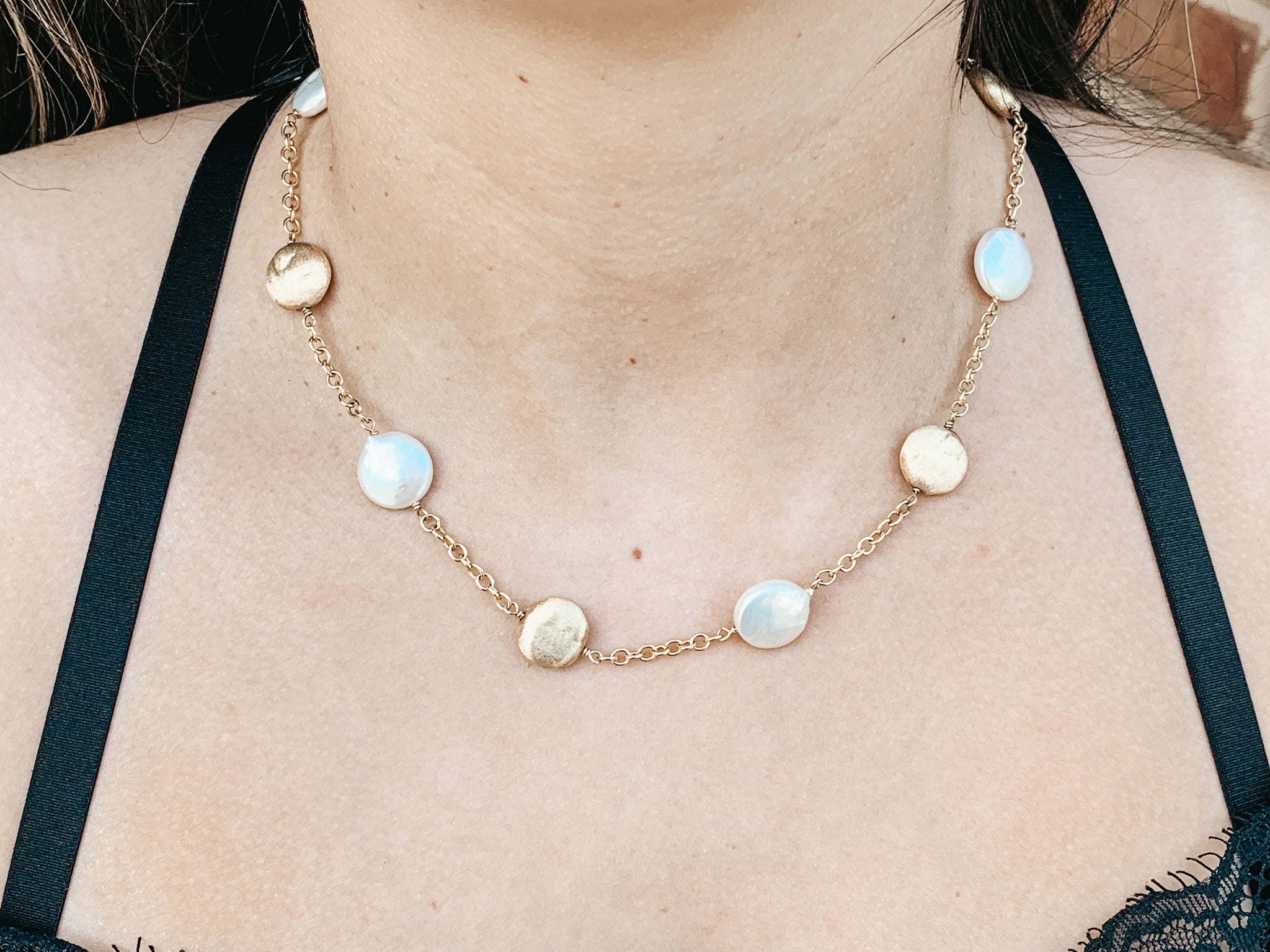 Satin Gold Pebble & Pearl Station Necklace