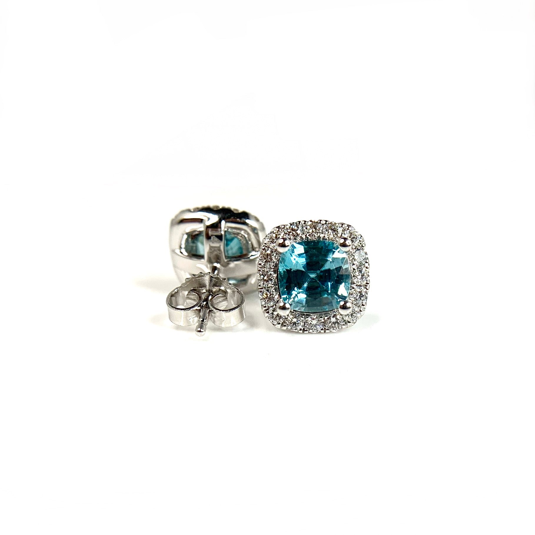 Blue Zircon & Diamond Halo Studs