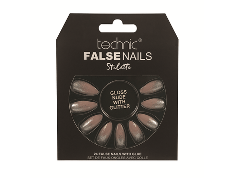 Technic False Nails - Stiletto Gloss Nude With Glitter