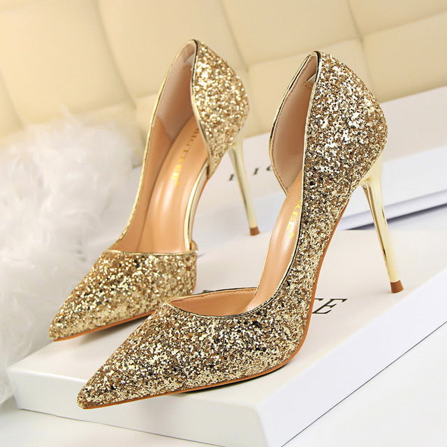 gold shimmer heels