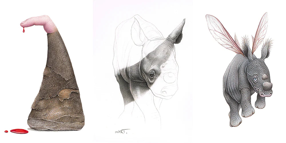 Three works of wildlife artivism referencing the illegal trade in rhino horn