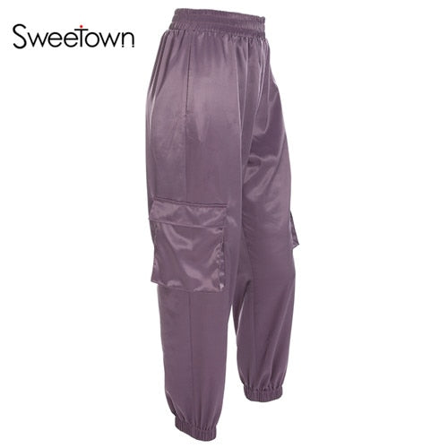 purple satin jogger pants