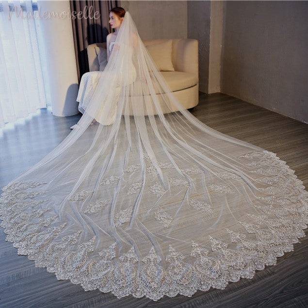 FantasyBride Store Cathedral Long White Ivory Bridal Wedding Veil with Comb Two Tiered Bridal Lace Veil Ivory / 400cm