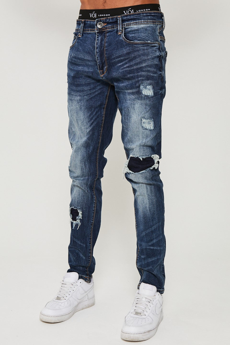 Mens Jeans Dark Blue Tapered Ripped Paint Splatter Harvey Hanger