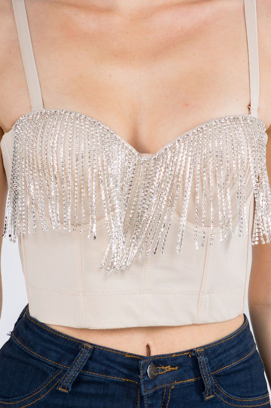 RHINESTONE FRINGE SHEER MESH CORSET TOP