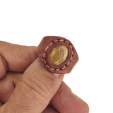 Unique Handcrafted Vegetal Brown Leather Ring with Picture Jasper Setting-Lifestyle Unisex Gift Fashion Jewelry with Naturel Stone