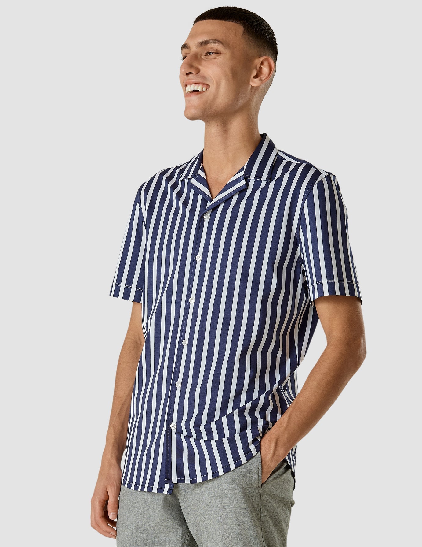 Bowling Short Sleeve Shirt Bulky Stripes Navy