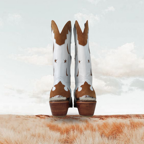 LUNA cowboy boots by seminyak leather bali in ivory sheep leather combined with golden tan sheep suede