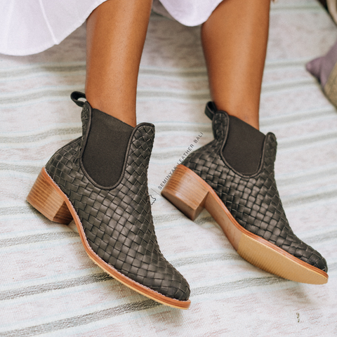 NUSA woven leather boots in black made by Seminyak Leather Bali artisan