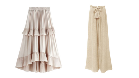 flowy boho chic linen skirt and wide leg linen pallazo pants in natural cream color