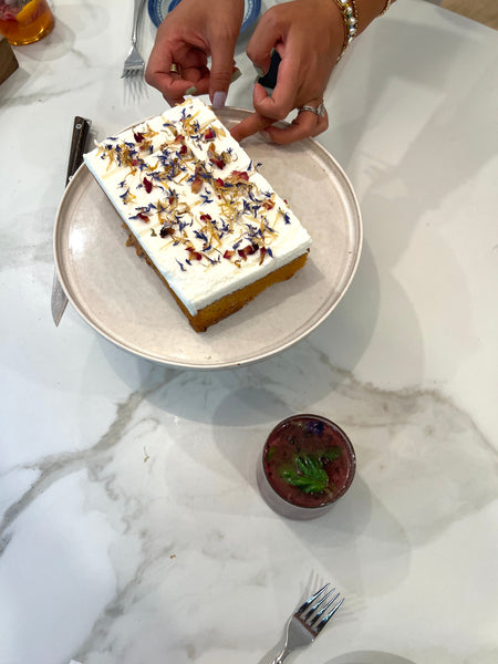 edible flower cake and mocktail 