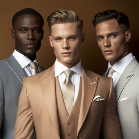 Three men in KCT Menswear custom suits showcasing modern elegance for Kalamazoo's discerning clientele