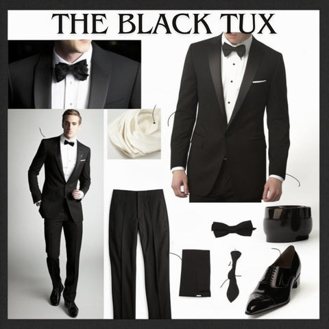 Collage showcasing the elegant elements of a black tuxedo set, including a bow tie, dress shoes, and accessories for a sophisticated prom or formal event look.