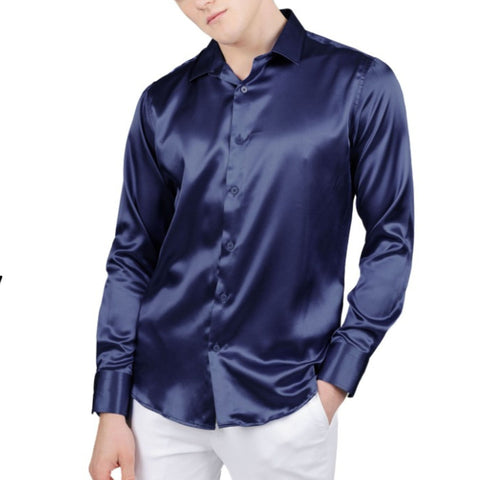 Midnight Blue Satin Dress Shirt - Sleek and Modern