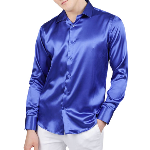 Royal Blue Satin Dress Shirt - Regal Elegance